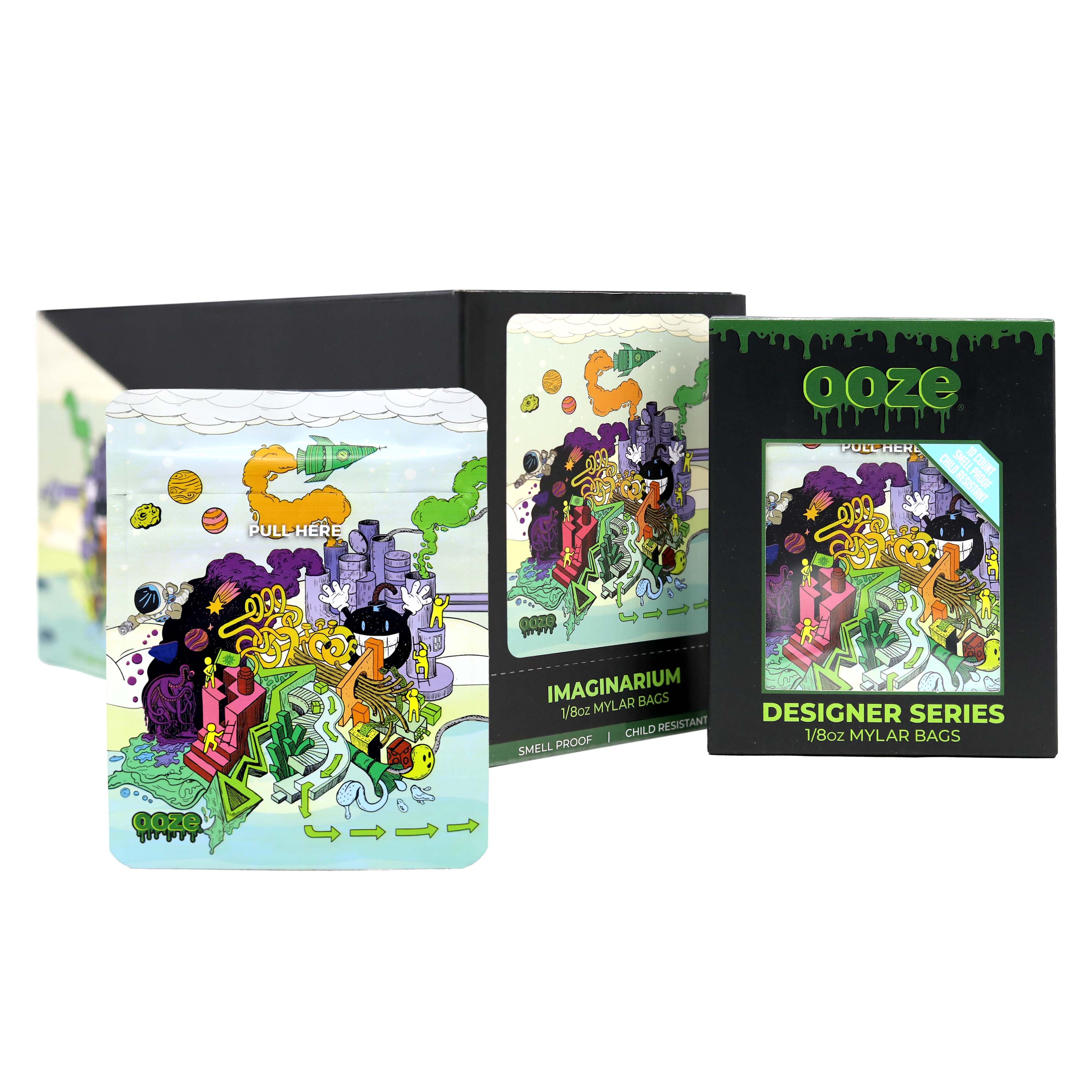 Ooze Imaginarium Smell Proof Mylar Bags | 1/8oz | 10 Pack | 12 Count Display | Assorted Designs product image